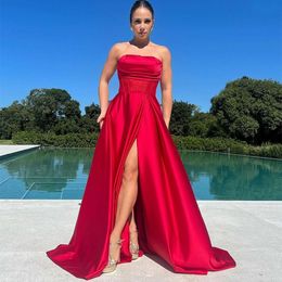 Elegant Long Fuchsia Satin Sleeveless Prom Dresses With Slit/Pockets A-Line Strapless Pleated Floor Length Zipper Back Evening Dresses With Slit for Women