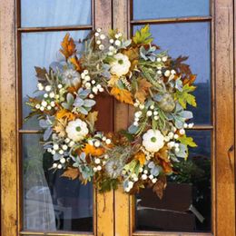 Decorative Flowers Halloween Thanksgiving Fall Simulation Wreath Artificial Frost Leaf Pumpkin Hanging Door Decoration Window Props