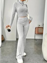 2024 Spring Knitted 2 Piece Set Tracksuit Long Sleeve Vintage Sweater Crop Top Flare Pants Stretch Matching Suit Outfit 240329