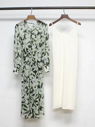 Casual Dresses Women Floral Print Dress Silk V-neck Elastic Waist Two Pieces Suit Midi Robes