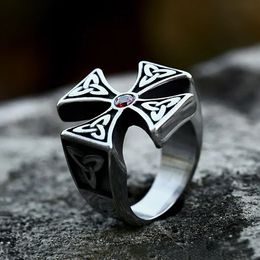 Vintage Viking Celtic Knots Ring For Men Women 14K Gold Punk Hip Hop Cross Rings With Red Stone Fashion Jewellery Gift