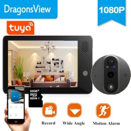 Doorbells Dragonsview Tuya Smart Wifi Video Doorbell Peephole 1080P Wireless Door Viewer Camera Intercom 4.3 inch Screen Motion Record