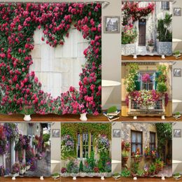 Shower Curtains 3D European Rural Town Street Landscape Printing Bathroom Waterproof Curtain Outdoor Flower Scenery Decoration