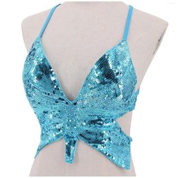 Women's Tanks Y2k Butterfly Sequin Crop Top Women Summer Backless V Neck Sexy Club Costume Carnival Festival Clothes Bandage Bra Tops