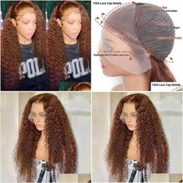 Lace Wigs Deep Wave Frontal Wig Human Hair 13X4 Curly Front Colate Brown 4 Fl Glueless 180% Density Hairline Drop Delivery Products Otit8