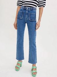 IOO Spring Summer Womens French Sweeve Bants Высокая талия Micro кружевные джинсы качество бренд M 240401