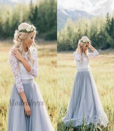 Dusty Blue Bridal Dresses Tulle A Line Lace Tops Illusion 34 Long Sleeves Sheer Neck Country Wedding Dresses Handmade High Qualit5046045