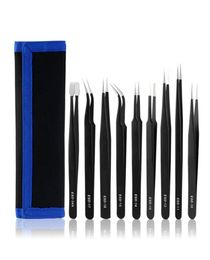ESD Antistatic Stainless Steel Tweezers 9PCS Canvas Leather Bag Set Precision Industry Tweezers Kit for Electronic Object Repair 4800437