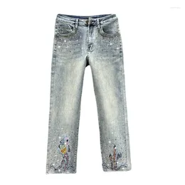 Women's Jeans Colourful Crystals Embroidered Denim Straight-Leg Pants Woman 2024 Summer Stretchy High Waist Slimming Cropped