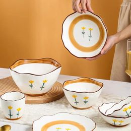 Bowls Creative Hand Paint Ceramic Tableware Lotus Shape Floral Print Ramen Soup Bowl Dessert Cake Steak Salad Plate Home Milk Mug