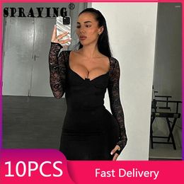 Casual Dresses 10 Spring 2024 Long Sleeve Lace Patchwork Mini Dress Sexy Wholesale Items Evening Club Party Clothes For Women S12904_1