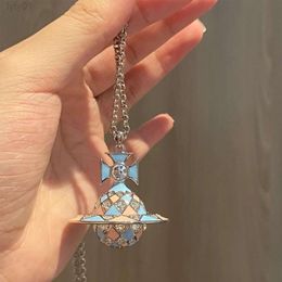 Designer viviane westwood Jewelry Empress Dowager Xis Oil Drop Blue Pink Saturn Ball Pendant Long Full Diamond Sweater Chain Personalized and Elegant Hip Hop Neckla