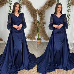 Navy blue mermaid Evening Dresses elegant with detachable train sequins long sleeves Turkey Prom dress v neck plus size Formal dresses for women