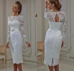 Vintage Informal Casual Wedding Dresses Tea Length Lace Long Sleeves Short vestido de noiva Sheath High Jewel Neck Bridal Gowns9776929