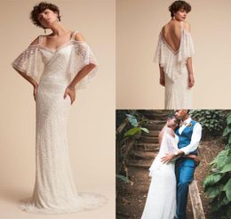 BHLDN Mermaid Wedding Dresses Off The Shoulder Lace Appliques Sweep Train Plus Size Wedding Dress Half Long Sleeve Bridal Gowns9235873