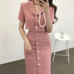 Fashion Korea Elegant Lapel Thin Tweed Small Suit Short Jacket High Waist Chic Button Slim Womens Two Piece Skirt Sets Summer 240401