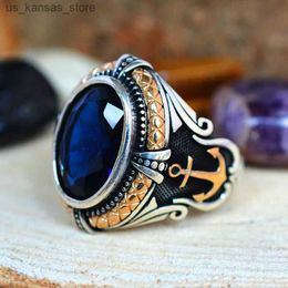 Cluster Rings Trend Personality Men Punk Rings for Men Women Vintage Hip Hop Pirate Anchor Mosaic Blue Zircon Ring Anchor Sailor Jewellery Gift240408
