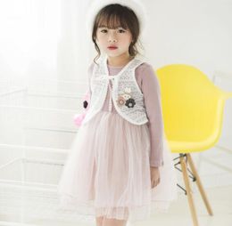 baby kids clothing good quality autumn new girls cartoon lace waistcoat long sleeved dress 2 piece sets clothing sets8868681