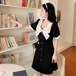 Casual Dresses Black Elegant Dress Women Vintage Short Sleeve Summer Square Bow Collar Woman One-Piece Medium Length