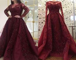 2019 Burgundy Long Sleeve Evening Dresses Sparkly Appliques A Line Crew Neck Sweep Train Dubai Arabic Style Formal Occasion Party 6615162