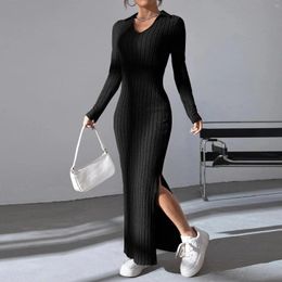 Casual Dresses Women Pencil Maxi Dress Soft Knit Elegant Sheath Solid Colour Slim Fit Pullover Chic Long