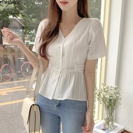 Short Chic Tops Summer Puff Sleeve Slim Waist Peplum Lace-Up Bow Tie Ruffled Shirt Blouse Women Top Korean Japan Flhjlwoc Cute240402