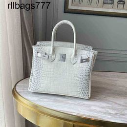 Handbag Genuine Leather Bk Designer French High-end Custom Rhinestone Buckle Himalayan White Crocodile Pattern Platinum Bag Silver Buckle Leather 43FX