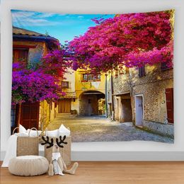Tapestries European Town Streets Scenery Wall Hanging Landscape Tapestry Sea Beach Cloth Mat Flower Blanket Home Decoration