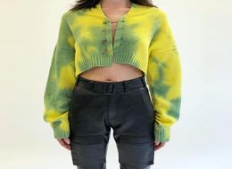 TieDye Knit Safety Pin Sweater Yellow Green Tie Dye Cropped Cardigan For Women egirl Fall Winter Outfits 4124352