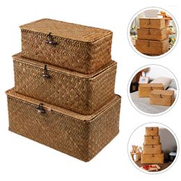 Storage Bags 3 Pcs Woven Hamper Lid Rustic Bins Portable Case Weave Toy Organizer Desktop Seaweed Decorative Basket Makeup