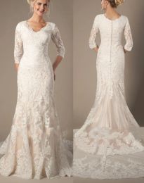 Dresses Vintage Champagne Lace Appliques Mermaid Modest Wedding Dresses With 34 Sleeves Buttons V Neck Formal Garden Outdoor Bridal Gowns