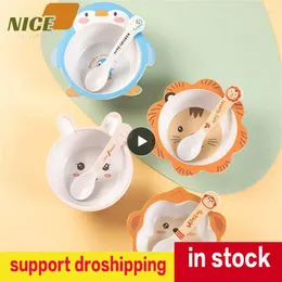 Bowls Kitchen Tool Baby Bowl Spoon Bamboo Fibre Tableware Aby Feeding Dishes Kids Dinner Plate 1set Cartoon