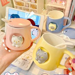 Mugs Three-dimensional Kitten Mug Cute Embossed Pet Ceramic Water Bottle With Lid And Spoon Exquisite Material Lovers Milk Coffee Cup