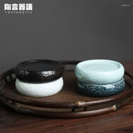 Tea Trays Handmade Ceramic Embossed Auspicious Cloud Pattern Cover Drain Teapot Table Round Bowl Pot Clip Placement Pad