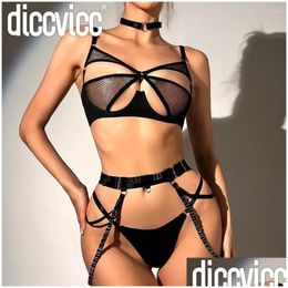 Bras Sets Diccvicc Sensual Lingerie Women Cut Out Bra Thong Set Fancy Garter See Through Mesh Y Underwear Erotic Outfit Intimate Drop Otbfu