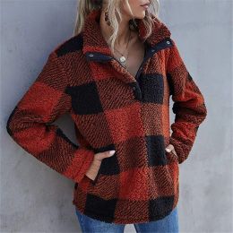 Sweatshirts Women Vintage Plaid Sweater Sherpa Fleece Fluffy Pullover Winter Warm Stand Collar Tops Chic Teddy Sweater Loose Jumper