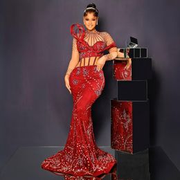 Luxury Plus Size Prom Dresses For Black Women Illusion High Neck Long Sleeves Beaded Lace Birthday Party Dress Second Reception Gowns for Special Occasions AM673