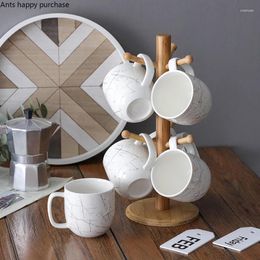 Teaware Sets Ceramic Water Cup 6-piece Set Wooden Holder Drain Rack Tea Coffee Mug Afternoon Cups Milk Decorative