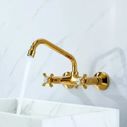 Bathroom Sink Faucets European Style Brass Gold-plated Wall Mounted Basin Faucet Kitchen Dual Handle Control Vintage Cold Mixer