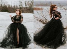 Sexy Sheer Black Lace Tulle Gothic Wedding Dress With Long Sleeves Top Slit Skirt Women Non White Bridal Gown Wedding Dress3637580