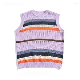 Men's Vests Contrast Colour Striped Hollow Knitted Vest Summer National Trend Lazy Style Personality Sleeveless Waistcoat Male Clothing