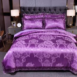 Bedding Sets Drop Wedding Duvet Cover Set Jacquard Lace Pillowcase (3PCS No Bedsheet )European Luxury Violet Colour