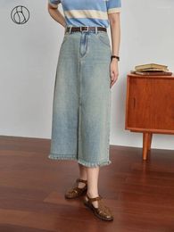 Skirts DUSHU Women High Waist Retro Long A-LINE Denim Summer Light Blue Loose Mid-Calf Frayed Design Female Skirt