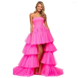 Party Dresses Sexy Fuchsia Tulle Cascading Ruffles Evening Strapless Prom Gowns High Low Formal Dress Vestidos De Fiesta