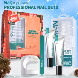 Kits Nailpop Christmas Nails Extension Kit Santa Gift Includes Soft Gel Nail Tips UV Lamp Winter Xmas Manicure for Women and Girls