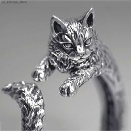 Cluster Rings Retro Silver Cat Ring Scary Evil Witch Cat Open Ring Cocktail Party Womens Cute Pet Ring Anniversary Wholesale240408