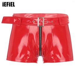 Women's Panties Mens PU Zipper Boxer Shorts With Waist Belt Double-End Openable Cortch Bulge Pouch Underwear Nightclub Sexy Nightwear