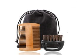 Mens Grooming Kit Double Sided Louse Wooden Beard Comb And Boar Bristle Care Brush Barber Kit7658671