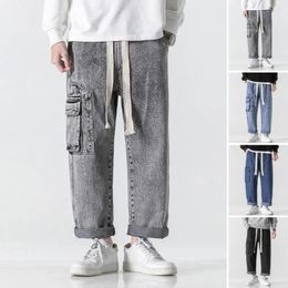 Men's Jeans Strong Denim Summer Casual Pants With Elastic Drawstring Waist Straight Wide Leg Design Multi Pockets Stylish