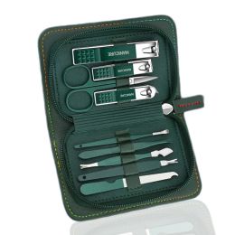 Kits 9 Pcs Manicure Nail Clipper Set Stainless Steel Professional Foot Face Care Tool Kits Green Nails Cutting Sets With Leather Case